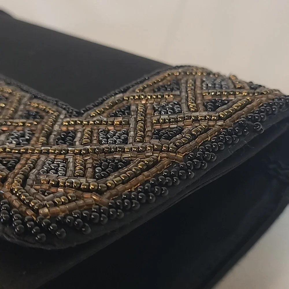 Carolyne Barton Beaded Vintage Shoulder Bag Black Satin Snap Closure Black Cord